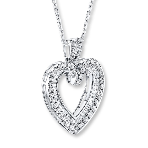 Diamond Heart Necklace 2 ct tw Round/Baguette 14K White Gold | Hearts ...