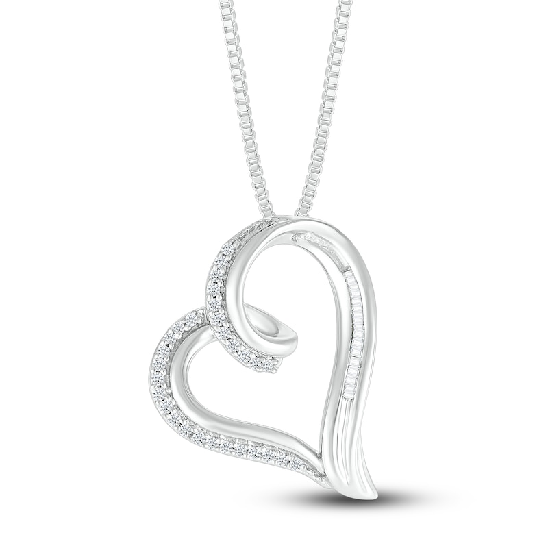 Diamond Heart Necklace 1/6 ct tw Round/Baguette Sterling Silver
