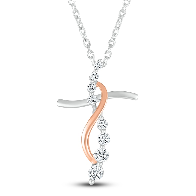 Main Image 2 of Diamond Cross Necklace 1/4 ct tw Round 10K Rose Gold/Sterling Silver