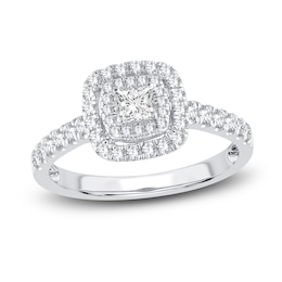 Diamond Double Halo Engagement Ring 3/4 ct tw Princess/Round 14K White Gold