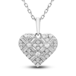 Diamond Heart Pendant Necklace 1/4 ct tw Baguette/Round 10K White Gold 18&quot;