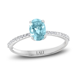 LALI Jewels Natural Aquamarine Engagement Ring 1/10 ct t Diamonds 14K White Gold