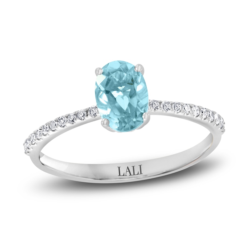 LALI Jewels Natural Aquamarine Engagement Ring 1/10 ct t Diamonds 14K White Gold