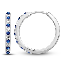 Natural Blue Sapphire Hoop Earrings 1/5 ct tw Diamonds 14K White Gold