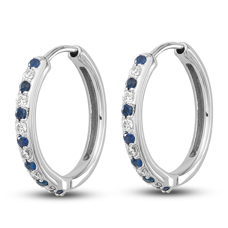 Natural Blue Sapphire Hoop Earrings 1/5 ct tw Diamonds 14K White Gold