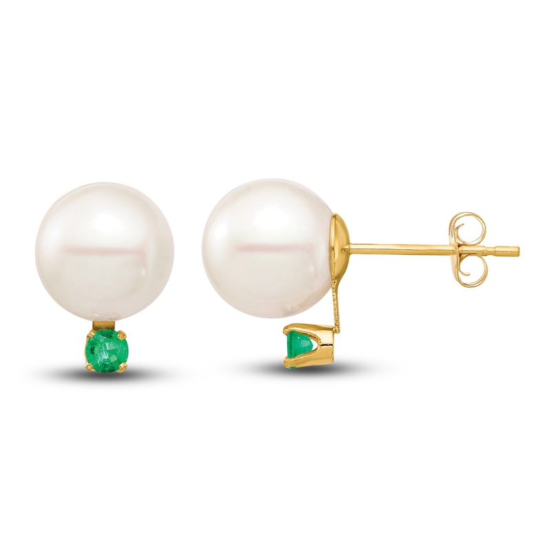 Freshwater Cultured Pearl & Natural Emerald Stud Earrings 14K Gold