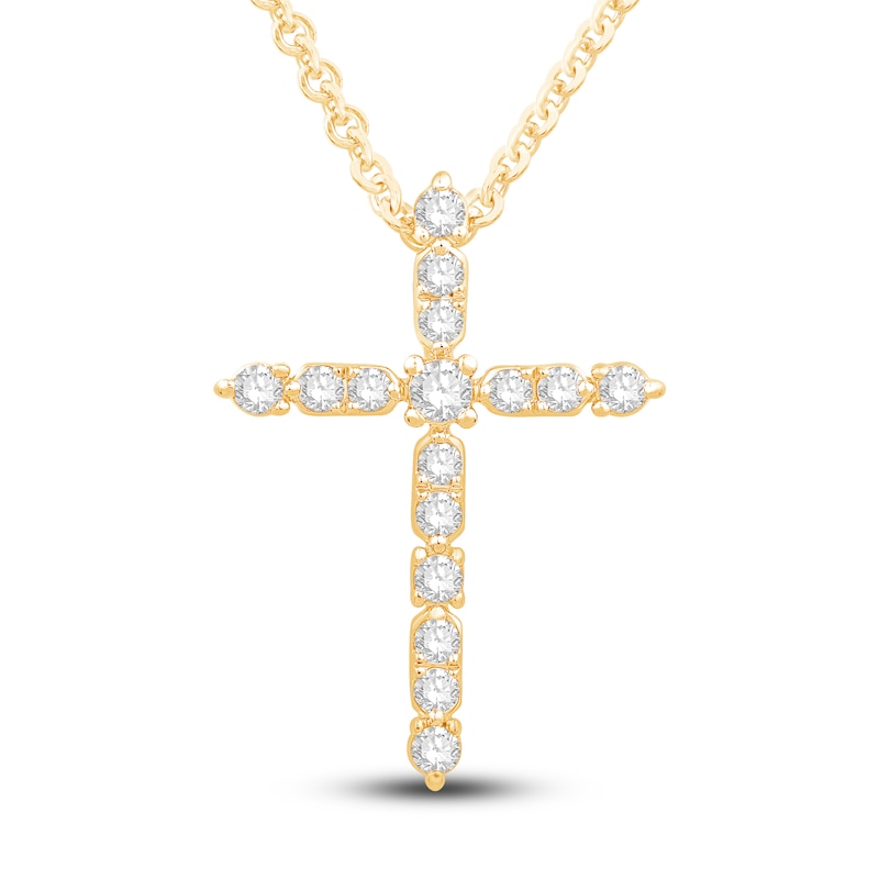 Main Image 1 of Diamond Cross Pendant Necklace 3/8 ct tw Round 14K Yellow Gold 18&quot;