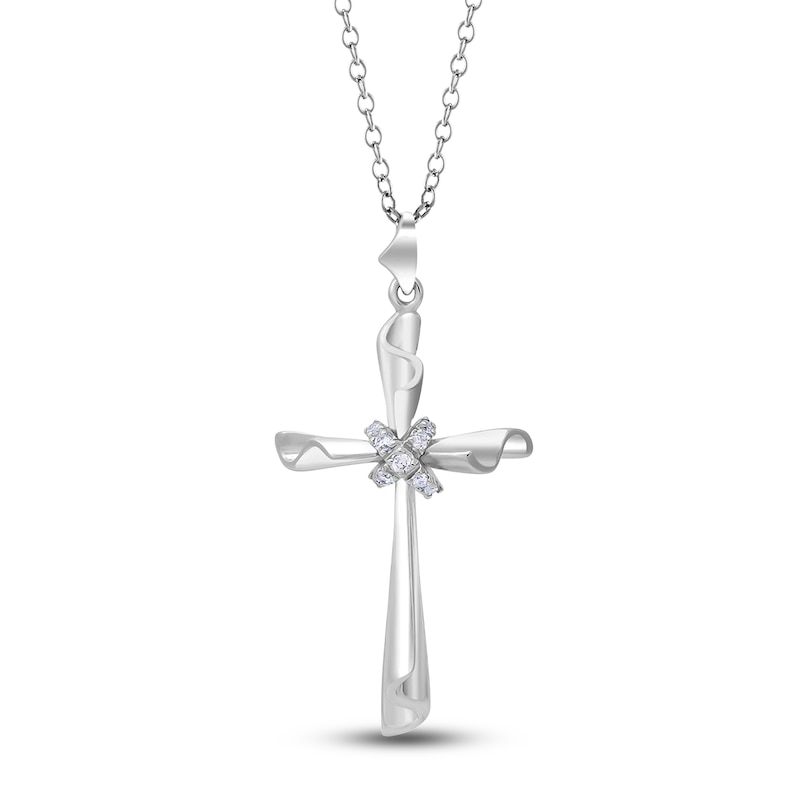 High-Polish Cross Pendant Necklace Diamond Accents 14K White Gold 18"