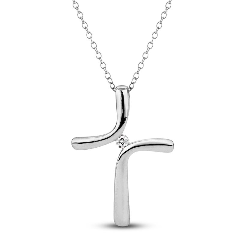 High-Polish Cross Pendant Necklace Diamond Accent 14K White Gold 18"