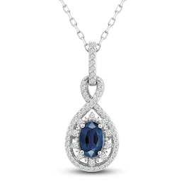 Natural Blue Sapphire Pendant Necklace 1/5 ct tw Diamonds 14K White Gold