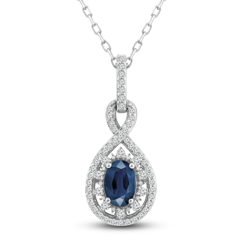 Natural Blue Sapphire Pendant Necklace 1/5 ct tw Diamonds 14K White ...