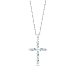 Marquise-Cut Natural Aquamarine & Diamond Cross Pendant Necklace 1/15 ct tw 14K White Gold