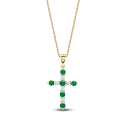 Round-Cut Natural Emerald & Diamond Cross Pendant Necklace 1/10 ct tw 14K Yellow Gold