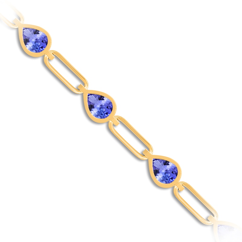 Main Image 2 of Kallati Pear-Shaped Natural Tanzanite & Diamond Accent Paperclip Link Bracelet 14K Yellow Gold 7&quot;