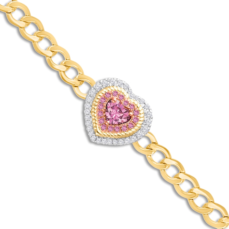 Main Image 2 of Kallati Heart-Shaped Natural Pink Sapphire & Diamond Chain Bracelet 1/4 ct tw 14K Yellow Gold 7&quot;