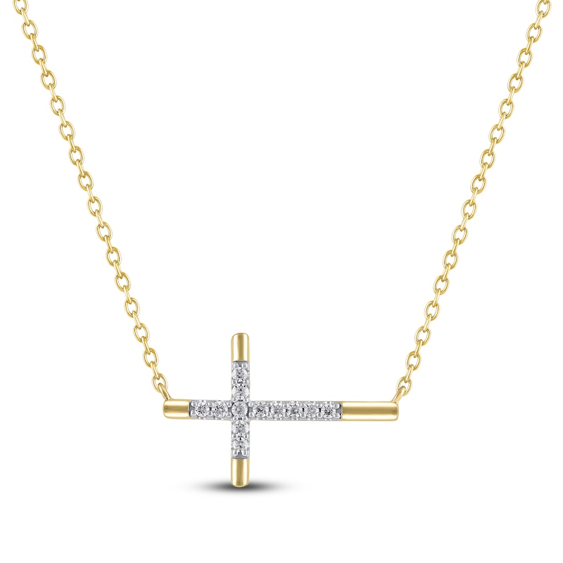 Main Image 1 of Diamond Sideways Cross Necklace 1/15 ct tw 10K Yellow Gold 18&quot;