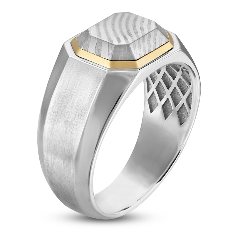 Main Image 2 of Forged by Jared Men's Octagon Ring Damascus Steel, Sterling Silver & 18K Yellow Gold