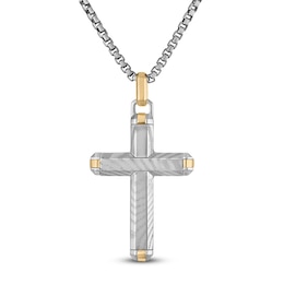 Forged by Jared Men's Cross Necklace Damascus Steel, Sterling Silver & 18K Yellow Gold 24&quot;