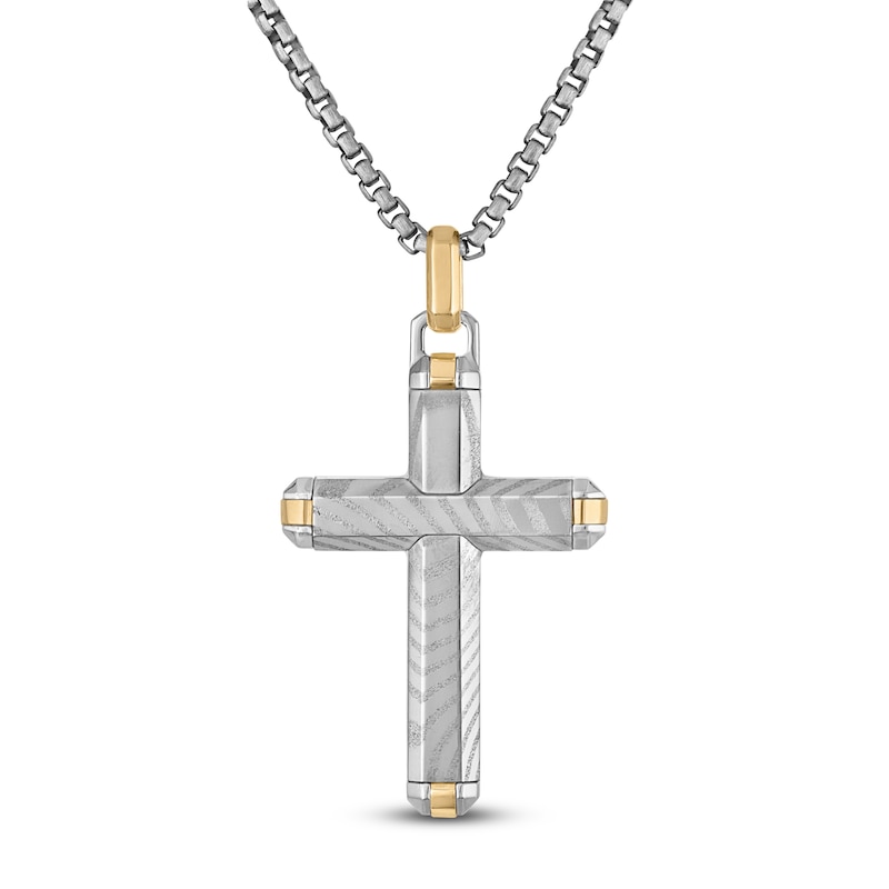 Main Image 1 of Forged by Jared Men's Cross Necklace Damascus Steel, Sterling Silver & 18K Yellow Gold 24&quot;