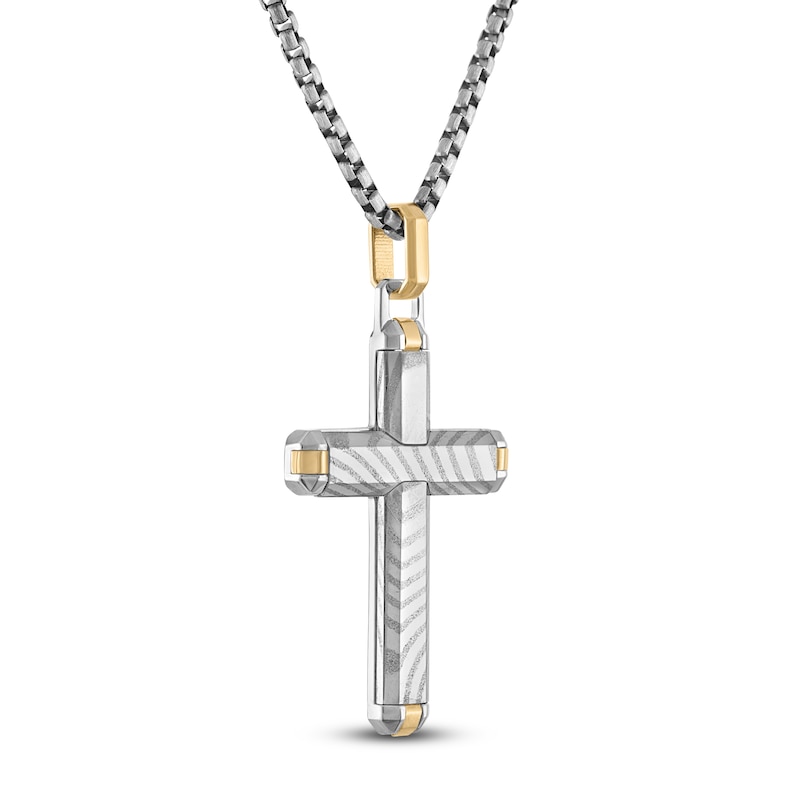 Main Image 2 of Forged by Jared Men's Cross Necklace Damascus Steel, Sterling Silver & 18K Yellow Gold 24&quot;