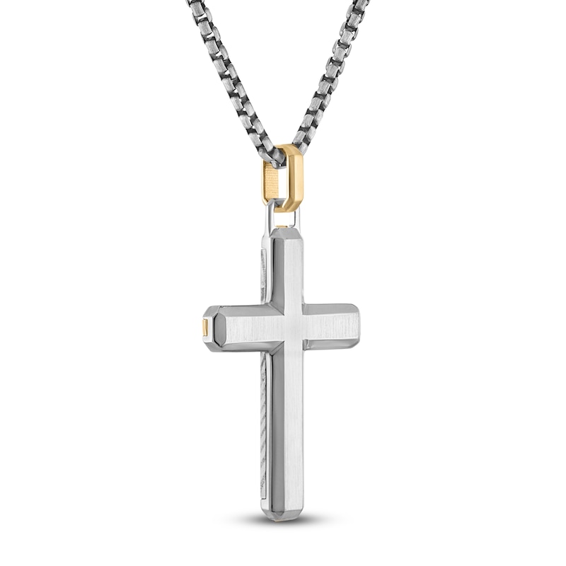 Main Image 3 of Forged by Jared Men's Cross Necklace Damascus Steel, Sterling Silver & 18K Yellow Gold 24&quot;