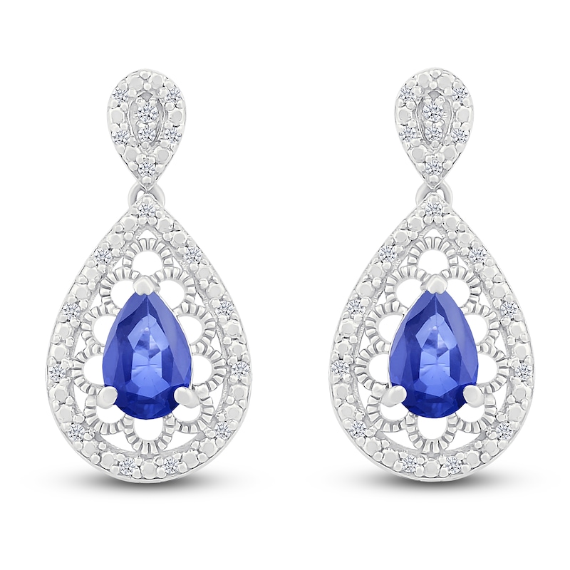 Main Image 1 of Pear-Shaped Blue Lab-Created Sapphire & Diamond Filigree Dangle Earrings 1/6 ct tw Sterling Silver