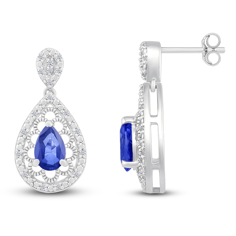 Main Image 3 of Pear-Shaped Blue Lab-Created Sapphire & Diamond Filigree Dangle Earrings 1/6 ct tw Sterling Silver