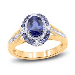 Natural Blue Sapphire Ring 1/5 ct tw Diamonds 14K Yellow Gold