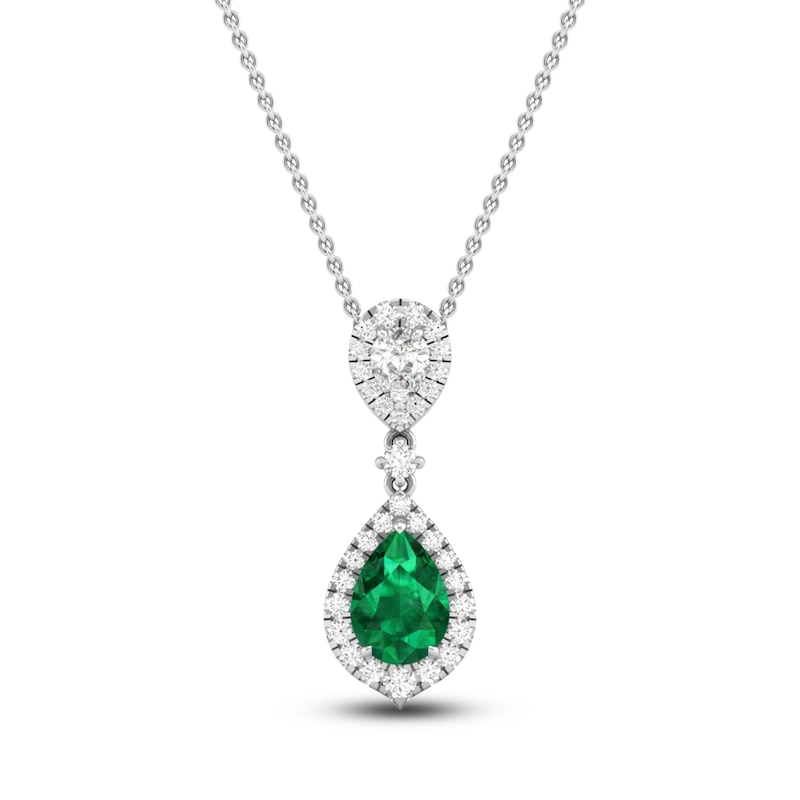 Pear-Shaped Natural Emerald & Diamond Drop Necklace 1/4 ct tw 14K White Gold 18"