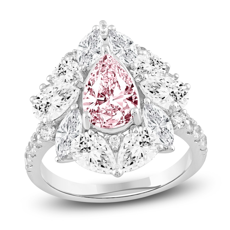 Pear-Shaped Pink & Multi-Shape White Lab-Created Diamond Fashion Ring 4-1/2 ct tw 14K White Gold