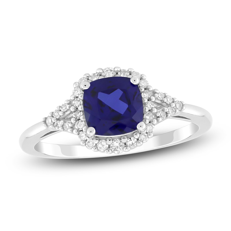 Main Image 1 of Cushion-Cut Blue Lab-Created Sapphire & Diamond Ring 1/6 ct tw 10K White Gold