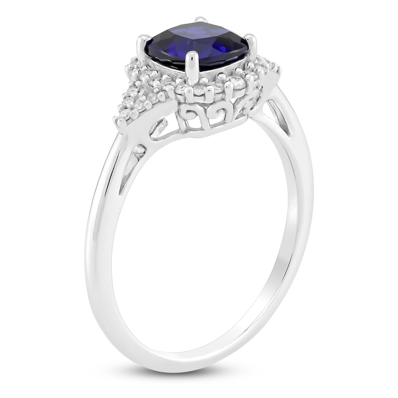 Main Image 2 of Cushion-Cut Blue Lab-Created Sapphire & Diamond Ring 1/6 ct tw 10K White Gold