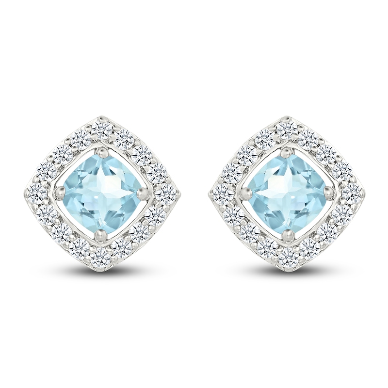 Main Image 1 of Cushion-Cut Natural Aquamarine & White Lab-Created Sapphire Halo Stud Earrings Sterling Silver