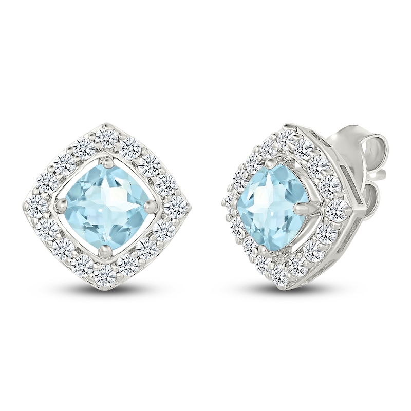 Main Image 2 of Cushion-Cut Natural Aquamarine & White Lab-Created Sapphire Halo Stud Earrings Sterling Silver