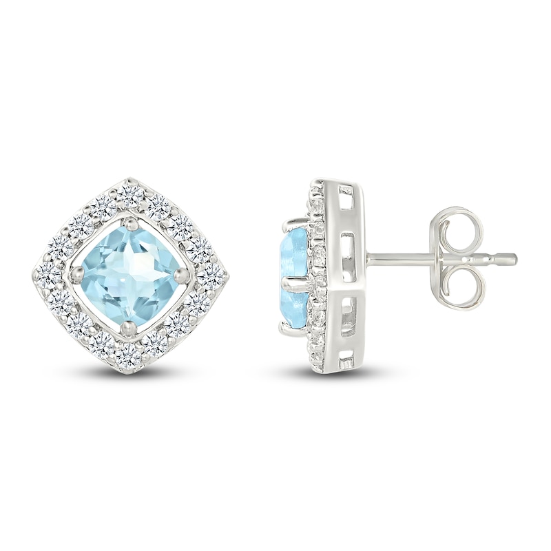 Main Image 3 of Cushion-Cut Natural Aquamarine & White Lab-Created Sapphire Halo Stud Earrings Sterling Silver