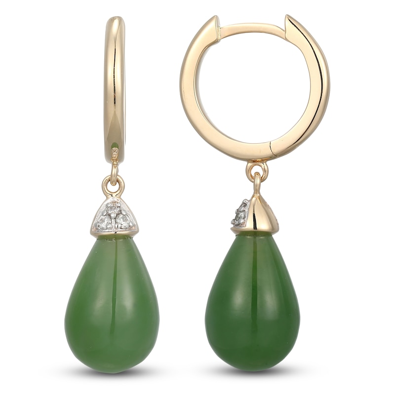 Main Image 1 of Pear-Shaped Natural Nephrite Jade & Diamond Dangle Hoop Earrings 1/20 ct tw 14K Yellow Gold