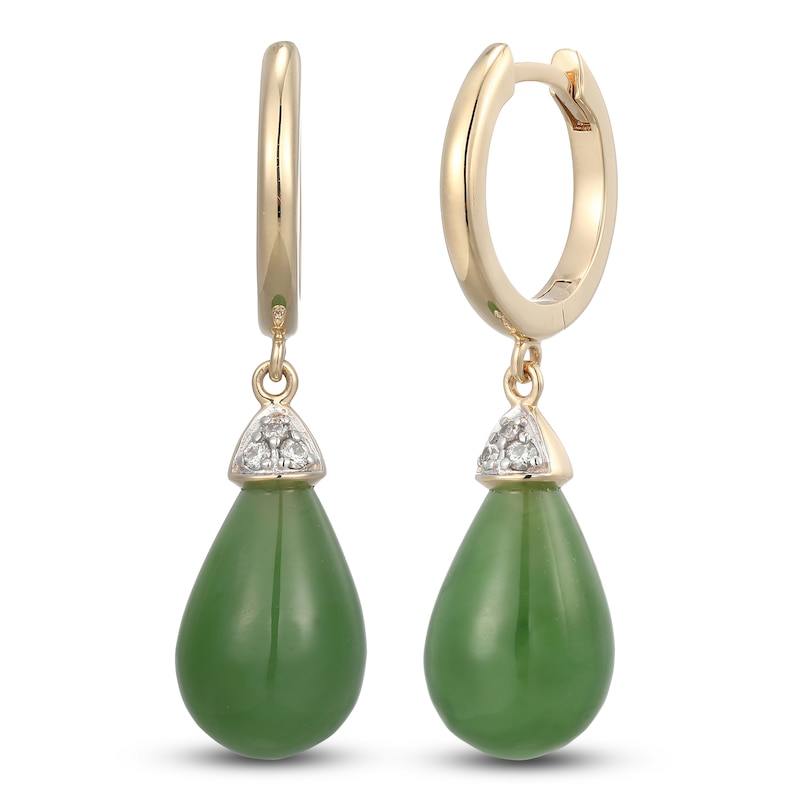 Main Image 2 of Pear-Shaped Natural Nephrite Jade & Diamond Dangle Hoop Earrings 1/20 ct tw 14K Yellow Gold