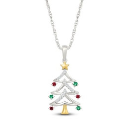 Lab-Created Gemstone Christmas Tree Necklace Sterling Silver & 10K Yellow Gold 18&quot;