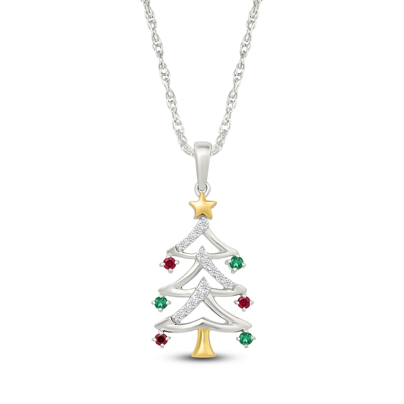 Main Image 1 of Lab-Created Gemstone Christmas Tree Necklace Sterling Silver & 10K Yellow Gold 18&quot;