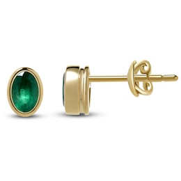 Oval-Cut Natural Emerald Solitaire Stud Earrings 14K Yellow Gold