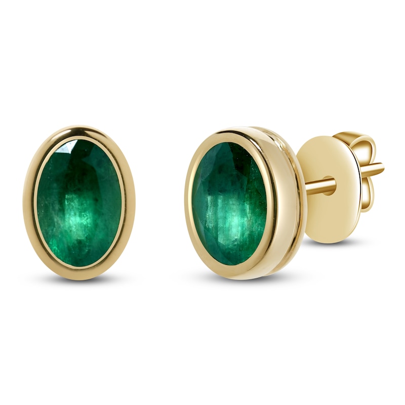 Main Image 2 of Oval-Cut Natural Emerald Solitaire Stud Earrings 14K Yellow Gold