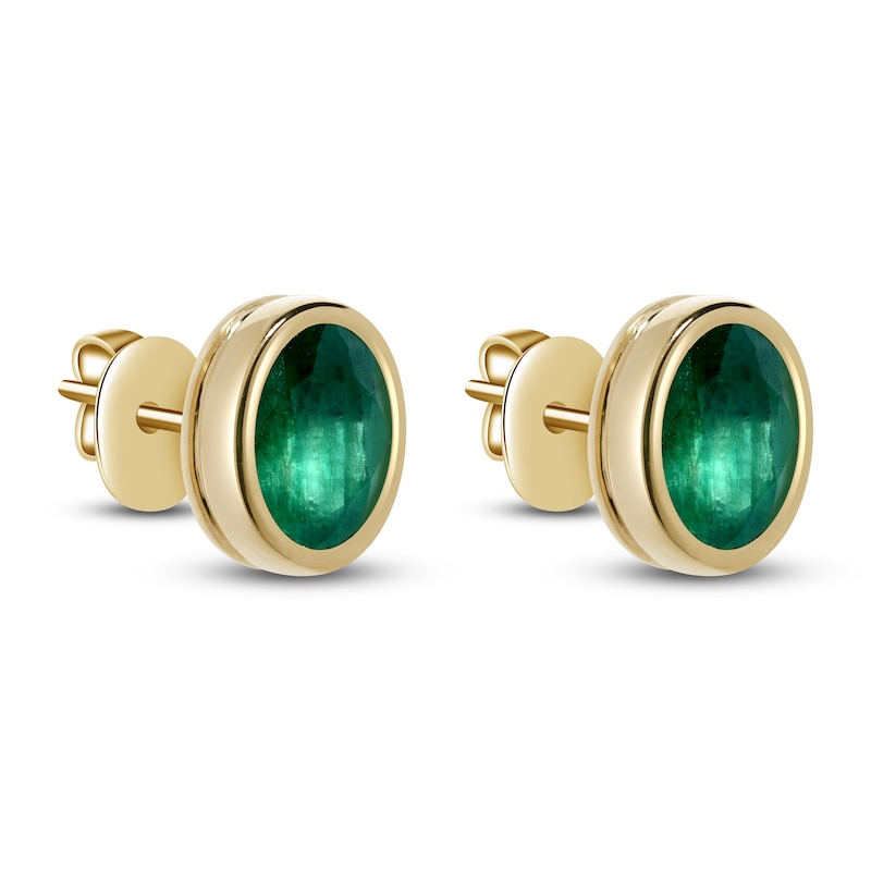 Main Image 3 of Oval-Cut Natural Emerald Solitaire Stud Earrings 14K Yellow Gold