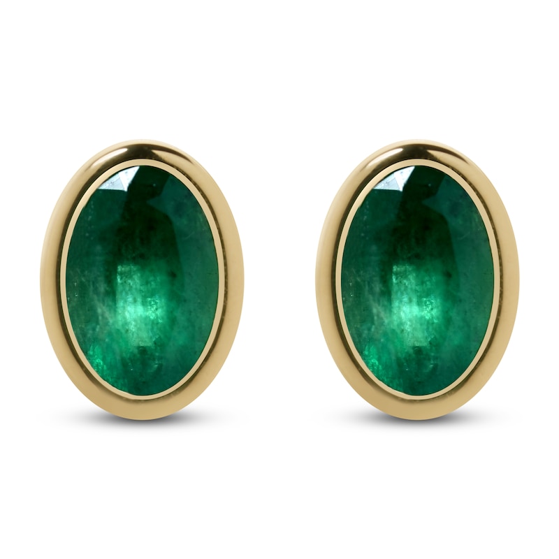 Main Image 4 of Oval-Cut Natural Emerald Solitaire Stud Earrings 14K Yellow Gold