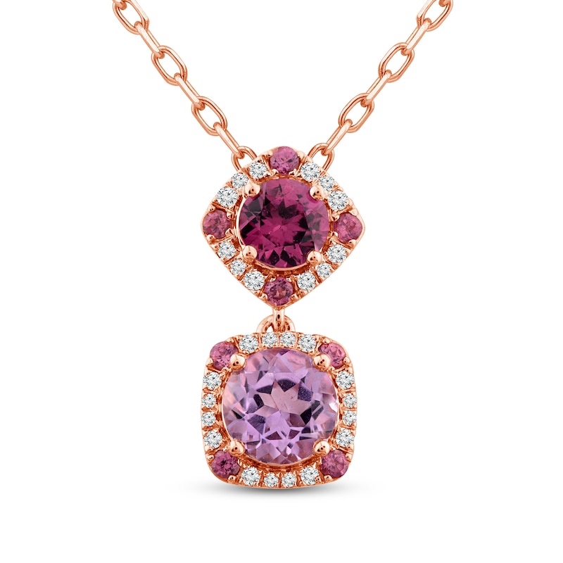 Natural Rhodolite Garnet & Natural Quartz Necklace 1/6 ct tw Diamonds 10K Rose Gold