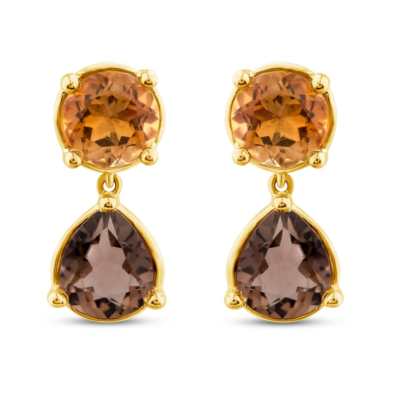 Natural Smoky Quartz & Natural Citrine Dangle Earrings 10K Yellow Gold