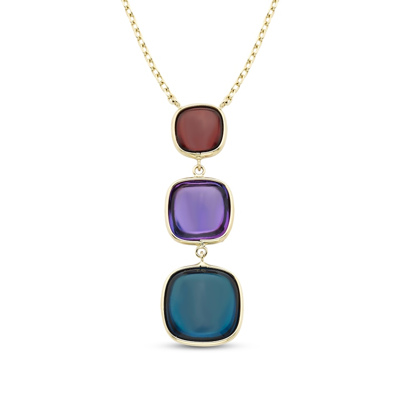 Natural Amethyst, Quartz, Garnet Drop Necklace 10K Yellow Gold