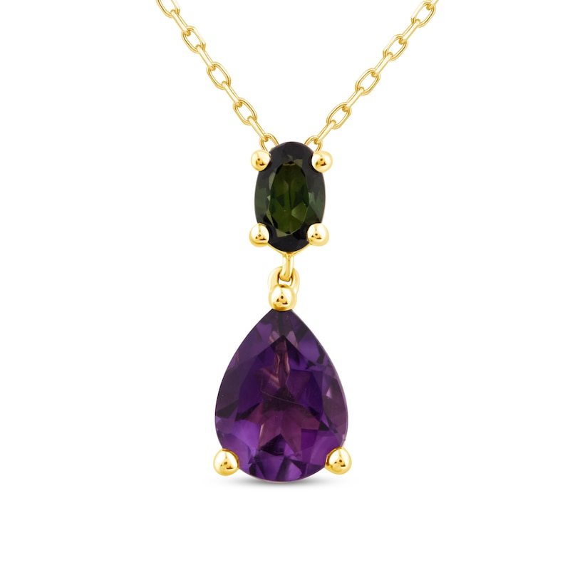 Natural Amethyst & Natural Green Tourmaline Necklace 10K Yellow Gold