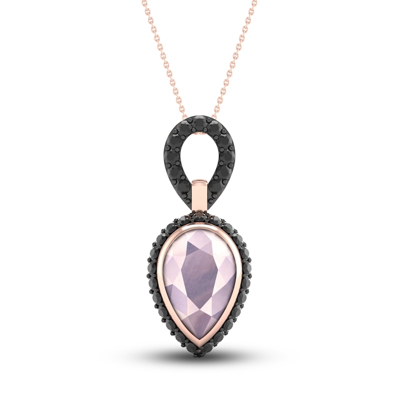 Black Diamond & Natural Pink Quartz Pendant Necklace 3/8 ct tw Round 10K Rose Gold