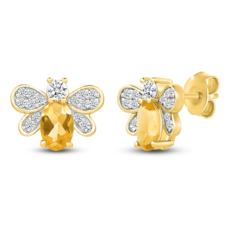 Main Image 2 of Oval-Cut Natural Citrine & Diamond Bee Stud Earrings 1/3 ct tw 10K Yellow Gold