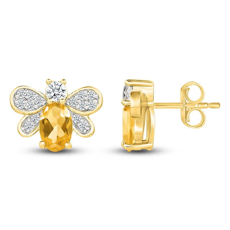 Main Image 3 of Oval-Cut Natural Citrine & Diamond Bee Stud Earrings 1/3 ct tw 10K Yellow Gold